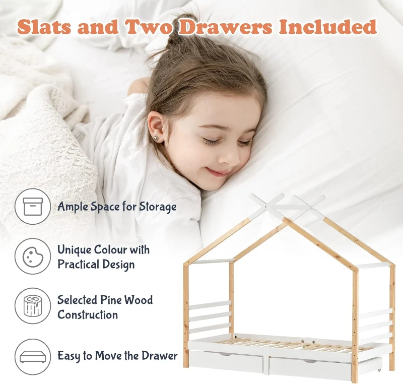 Children's House Tree Canopy Single Bed with Underbed Storage Drawers, Solid Pine Wood and MDF, Safety Rail Guards, 200x96x183 cm, Natural