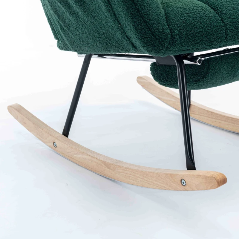 Teddy Fabric Upholstered Rocking Chair with Pull-out Footrest, Ergonomic Backrest, Modern Rocker for Reading, Relaxing, 80x70x95 cm, Green