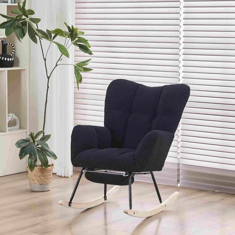 Teddy Fabric Upholstered Rocking Chair with Pull-out Footrest, Ergonomic Backrest, Modern Rocker for Reading, Relaxing, 80x70x95 cm, Black