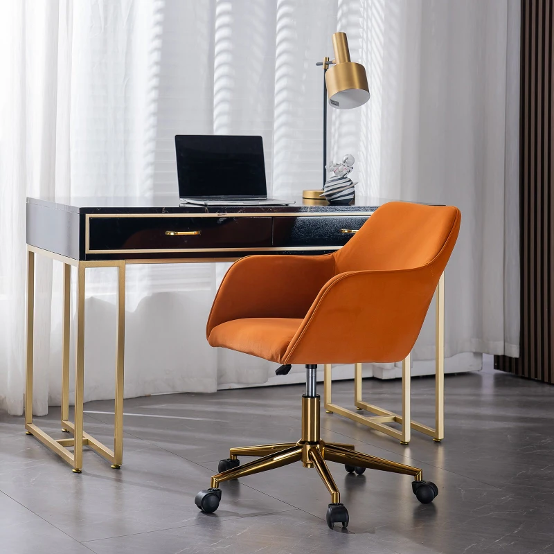 Velvet Adjustable Height Swivel Executive Office Chair with Gold Legs, 58x58x86 cm, Orange