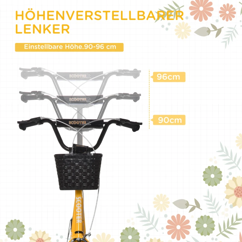 HOMCOM Kinder-Tretroller, höhenverstellbar, rutschfest, Stahlrahmen, abnehmbarer Korb, Bremsen, Gummireifen(m-4)