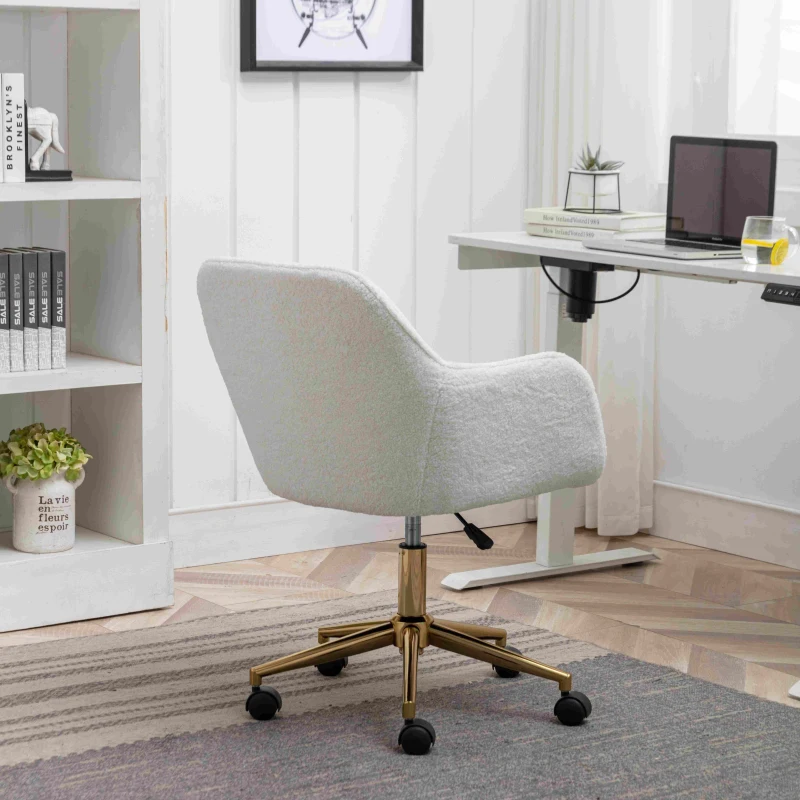Adjustable Height Swivel Executive Office Chair with Gold Legs, Ergonomic Backrest, 58x58x86 cm, White Teddy