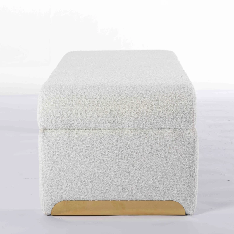 Boucle Fabric Foot Stool Pouffe with Gold Metal Legs, 110x50x41 cm, Ivory