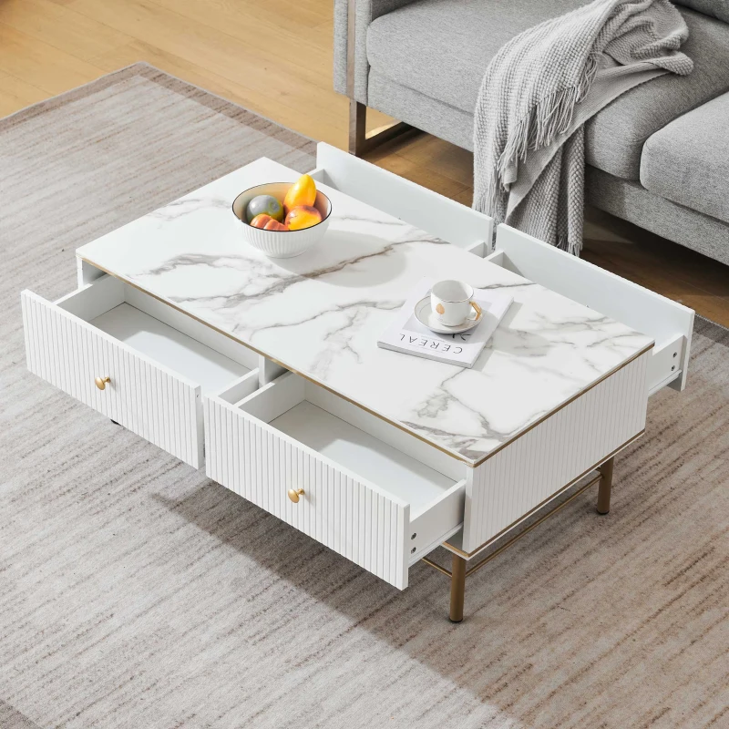 Ensemble de salon lumineux de style luxueux avec meuble TV, table basse et vitrine en marbre, adapté aux téléviseurs jusqu'à 70 pouces, Blanc