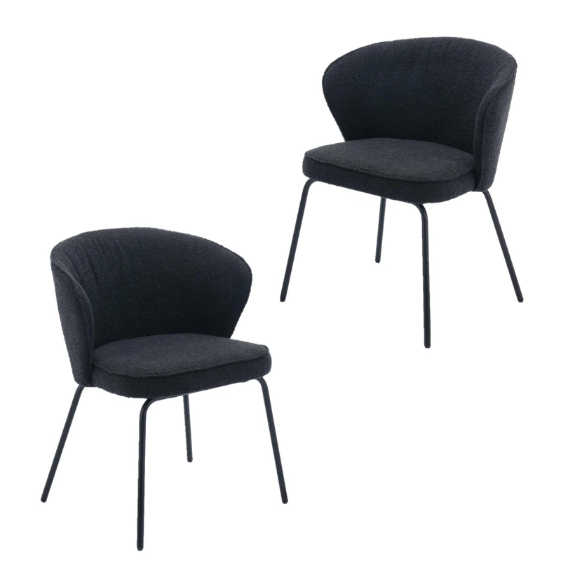 2 Pack Modern Boucle Chairs with Powder Coated Metal Legs, Black Dining Chairs with Wing Back, 62x63.5x75 cm, Black