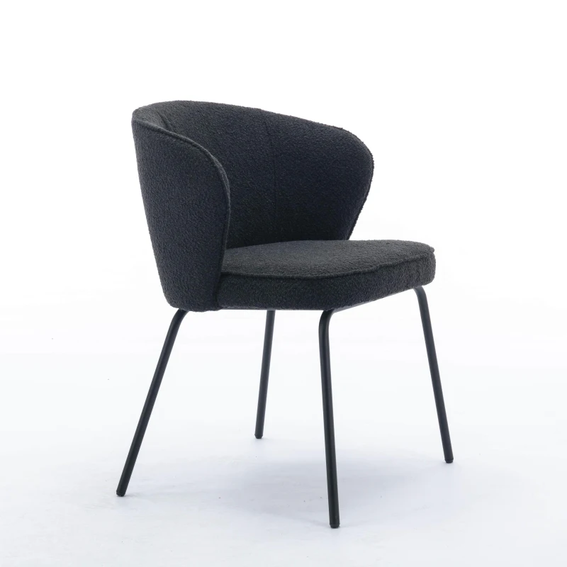 Fabric Boucle Chair with Black Powdercoated Metal Legs, Wingback Armchair for Dining Table, 62x63.5x75 cm, Black