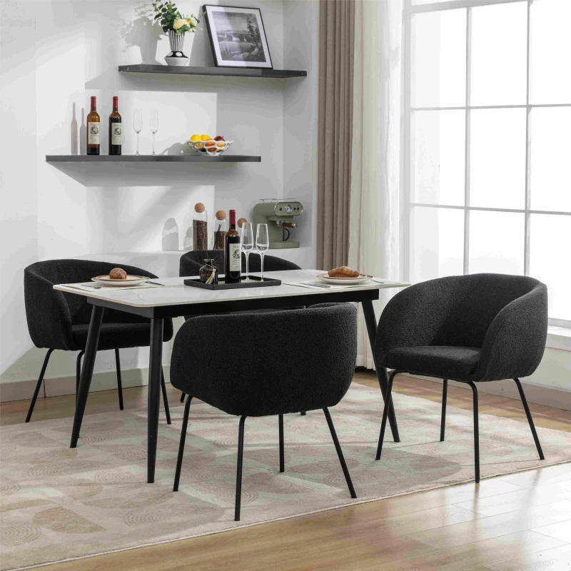 2 Pack Boucle Chair with Black Powder Coated Metal Legs, Wingback Design, Armchair for Dining Table, 58x58x78 cm, Black