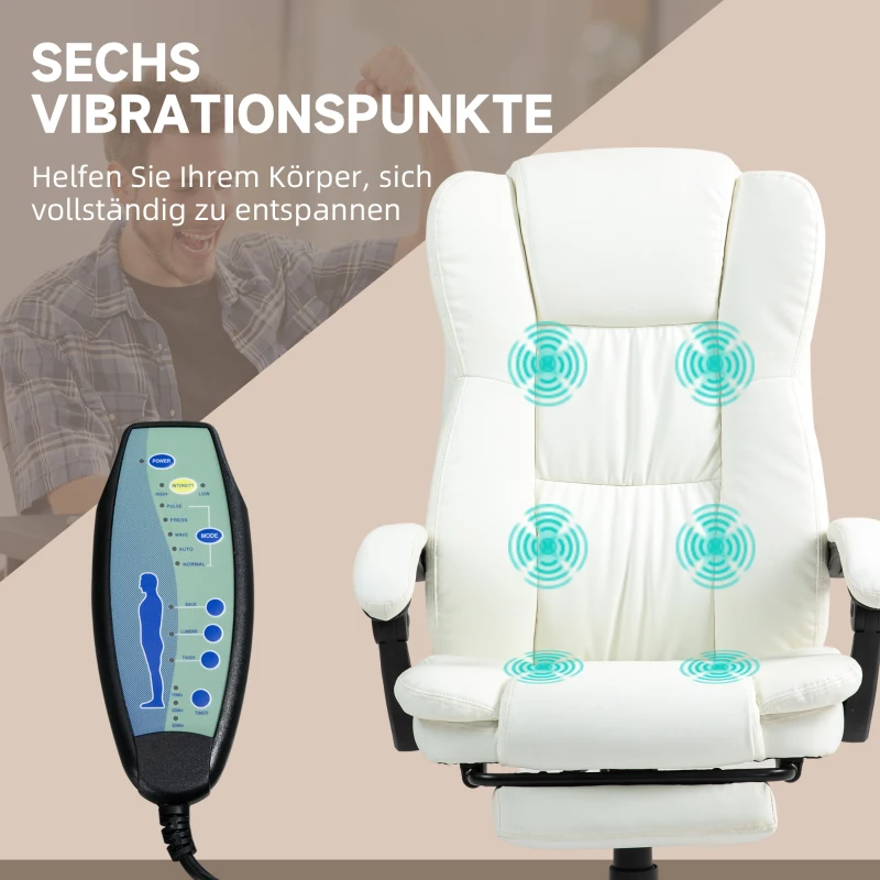Vinsetto Ergonomische massagebureaustoel, 6 vibratiepunten, 5 standen, 135° kantelfunctie, Kunstleder, Crème