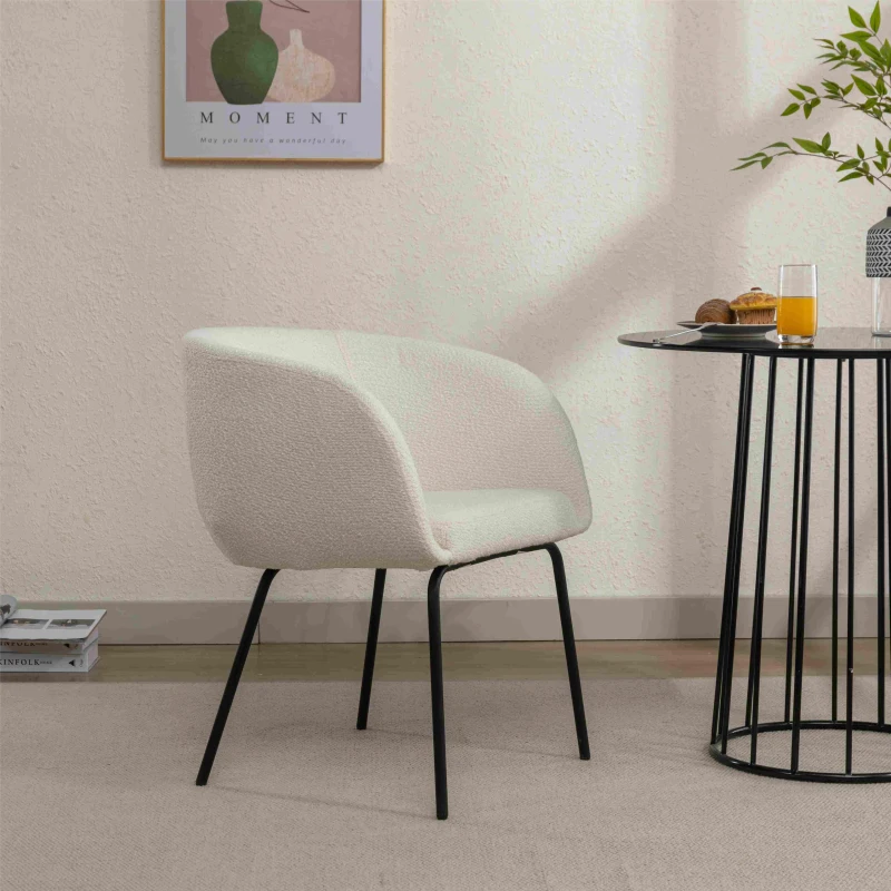 2 Pack Modern Boucle Chair with Black Powder Coated Metal Legs and Wing Back, Fabric Lounge Chair for Dining Table, 58x58x78 cm, Beige