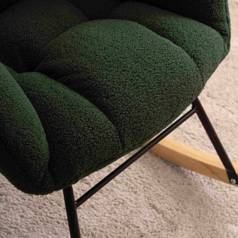 Teddy Fabric Modern Rocker with Padded Seat and Metal Base, Tufted Upholstered Comfy Chairs for Outdoor, 80x70x95 cm, Dark Green