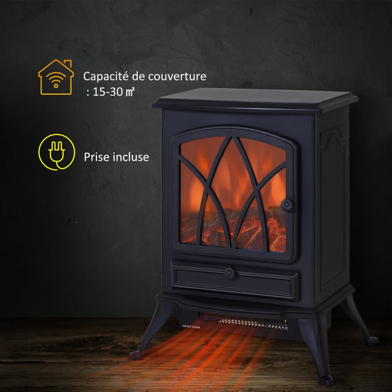 HOMCOM Cheminée électrique sur pied 1000/2000 W, fausse cheminée décorative avec effet flamme LED, protection contre la surchauffe, zone de couverture 15-30 m², noir