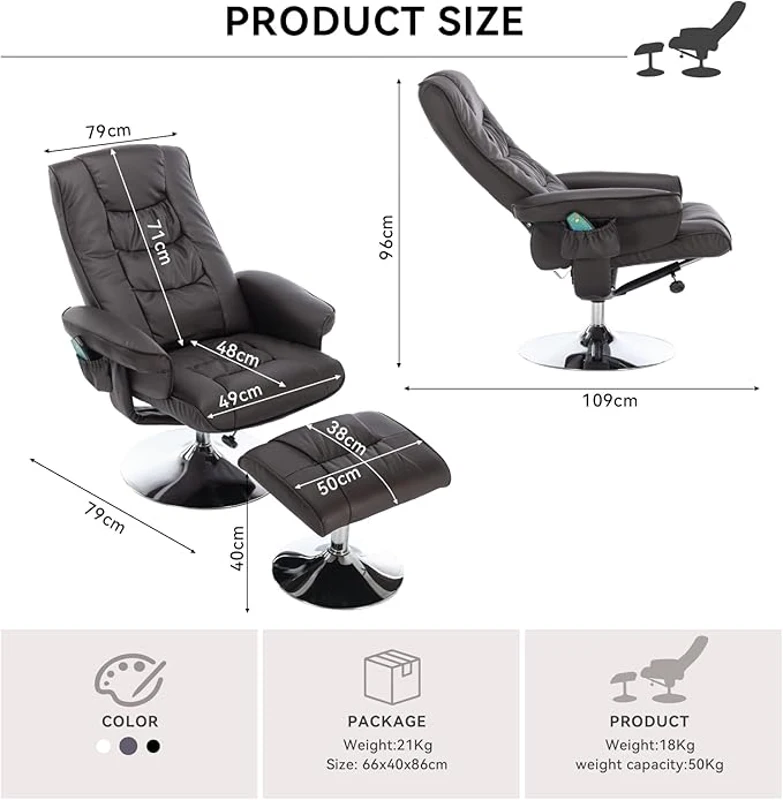 PU Leather Massage Chair with Ottoman Stool, Metal Frame, Ergonomic Design Backrest, Adjustable Swivel Base, 79x79x106 cm, Brown