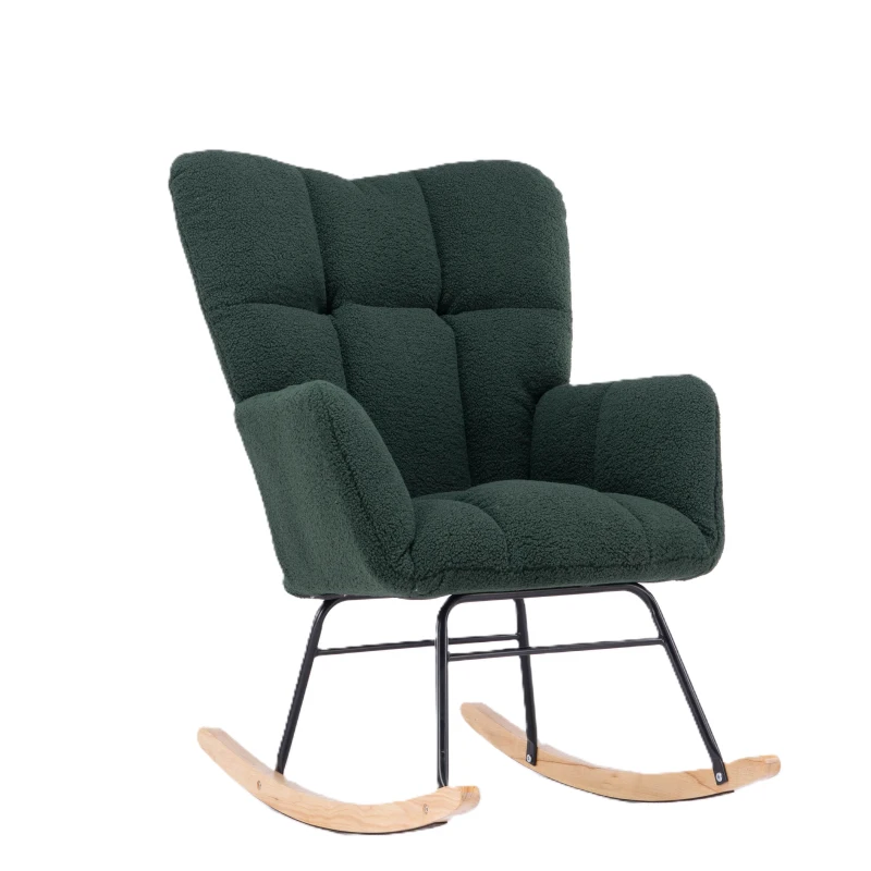 Teddy Fabric Modern Rocker with Padded Seat and Metal Base, Tufted Upholstered Comfy Chairs for Outdoor, 80x70x95 cm, Dark Green