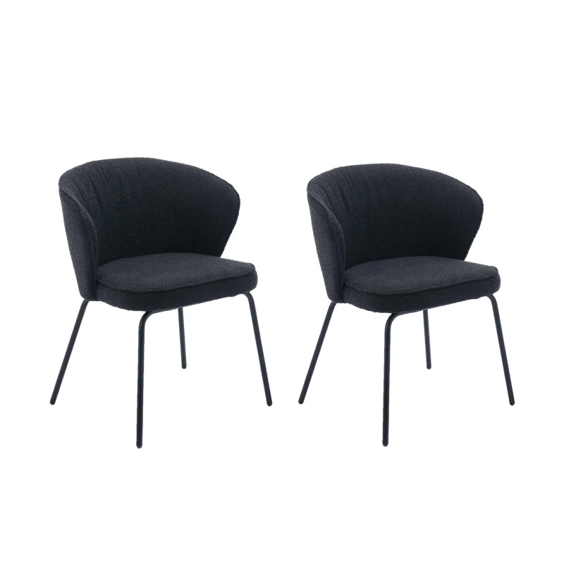 2 Pack Modern Boucle Chairs with Powder Coated Metal Legs, Black Dining Chairs with Wing Back, 62x63.5x75 cm, Black