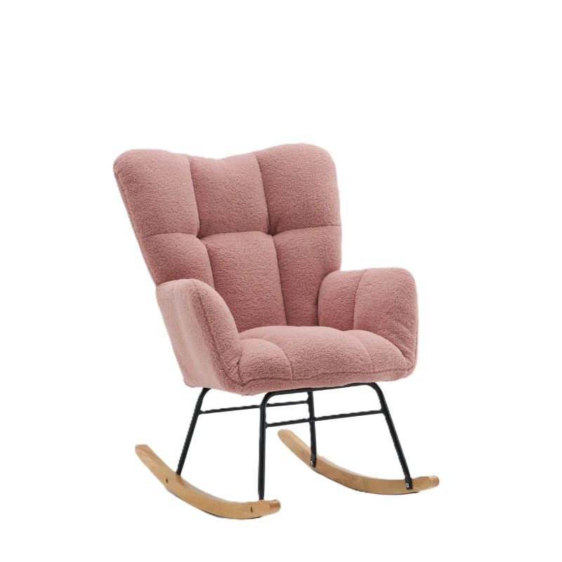 Teddy Fabric Modern Rocker with Padded Seat, Metal Base, Tufted Upholstered Comfy Chairs for Outdoor, 80x70x95 cm, Pink