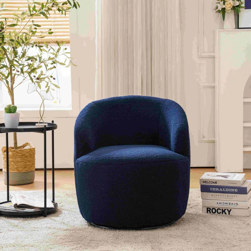 Teddy Fabric Swivel Armchair with Ergonomic Backrest, 360° Swivel Sofa Chairs for Living Room, 64x64x71 cm, Dark Blue