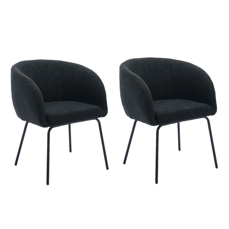 2 Pack Boucle Chair with Black Powder Coated Metal Legs, Wingback Design, Armchair for Dining Table, 58x58x78 cm, Black