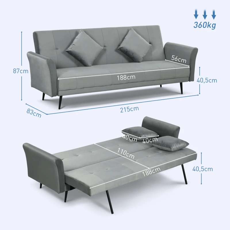 HOMCOM Sofá Cama Convertível Sofá Cama de 3 Lugares com Encosto Ajustável de 3 Níveis e 2 Almofadas Acolchoadas 206x81x83 cm Cinza