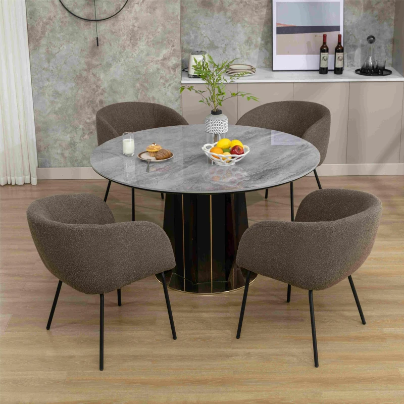 Fabric Boucle Chair with Black Powder Coated Metal Legs, Modern Wingback Armchair for Dining Table, 58x58x78 cm, Brown