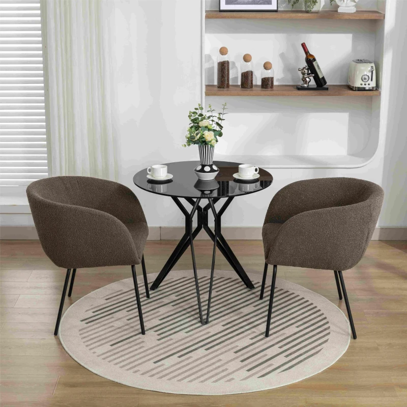 Fabric Boucle Chair with Black Powder Coated Metal Legs, Modern Wingback Armchair for Dining Table, 58x58x78 cm, Brown