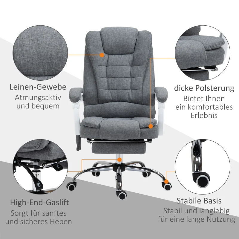 Vinsetto Ergonomiczny Fotel Masażowy, 6 Punktów Wibracyjnych, Regulowane Oparcie, Fotel Obrotowy 360°, Szary