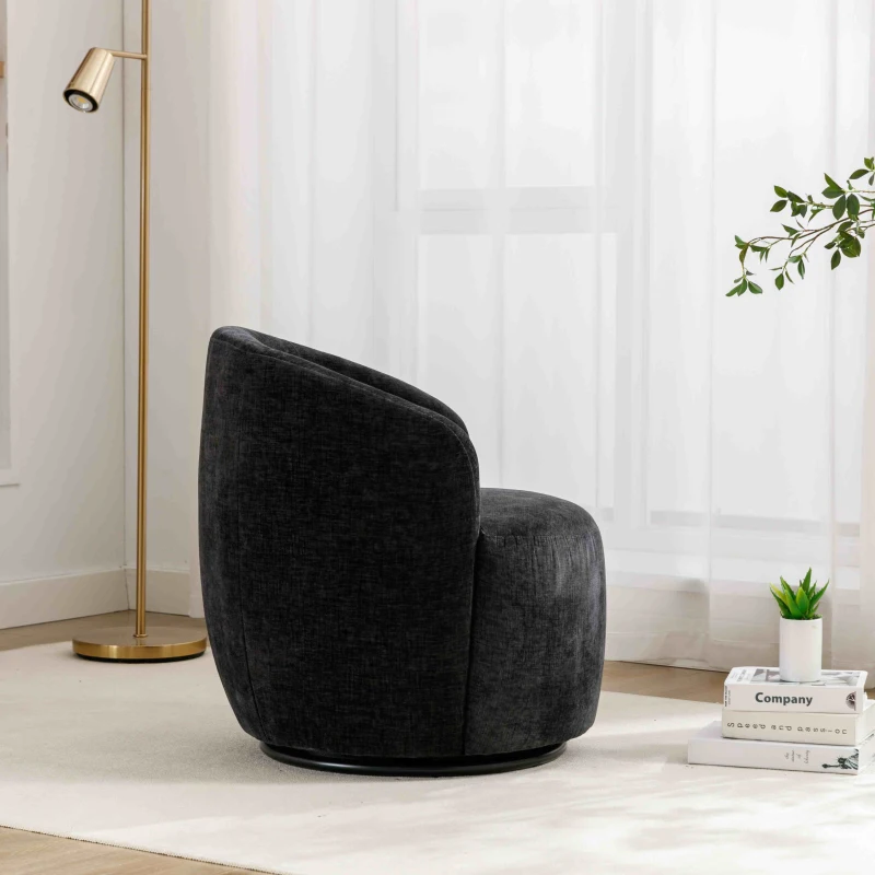Chenille Fabric Swivel Armchair with Ergonomic Backrest, Wooden Frame, Sofa Chairs for Living Room, 64x64x71 cm, Black