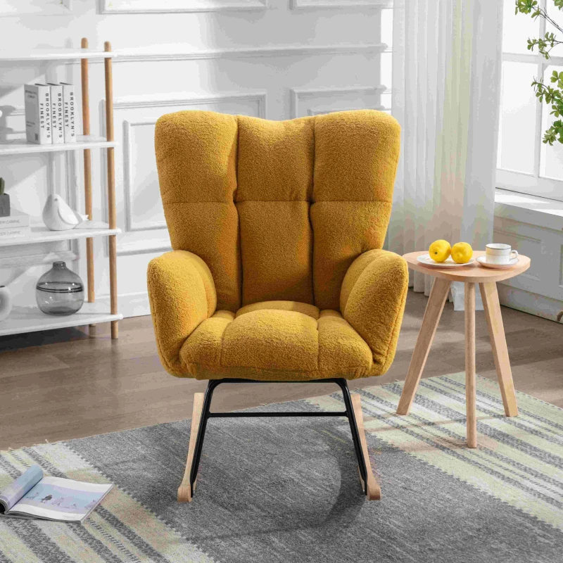 Nursery Room Rocking Chair with Upholstered Padded Seat, Teddy Fabric Modern Rocker for Living Room, 80x70x95 cm, Yellow