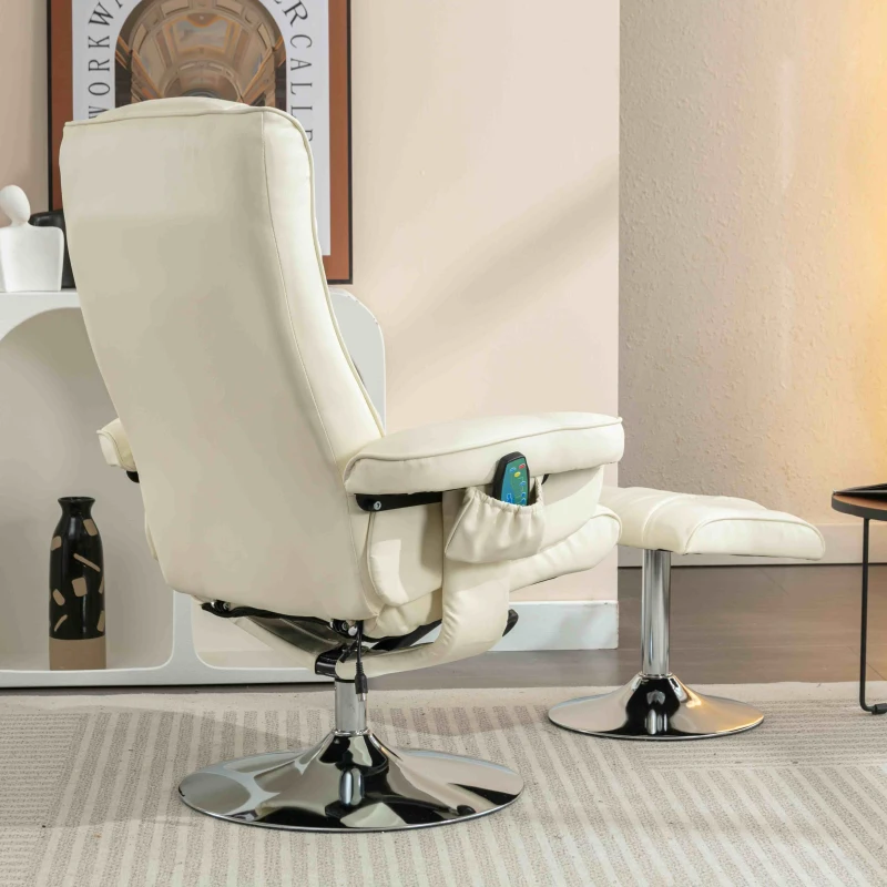 PU Leather Massage Chair with Ottoman Stool, Metal Frame, Ergonomic Design Backrest, Adjustable Swivel Base, 79x79x106 cm, Beige
