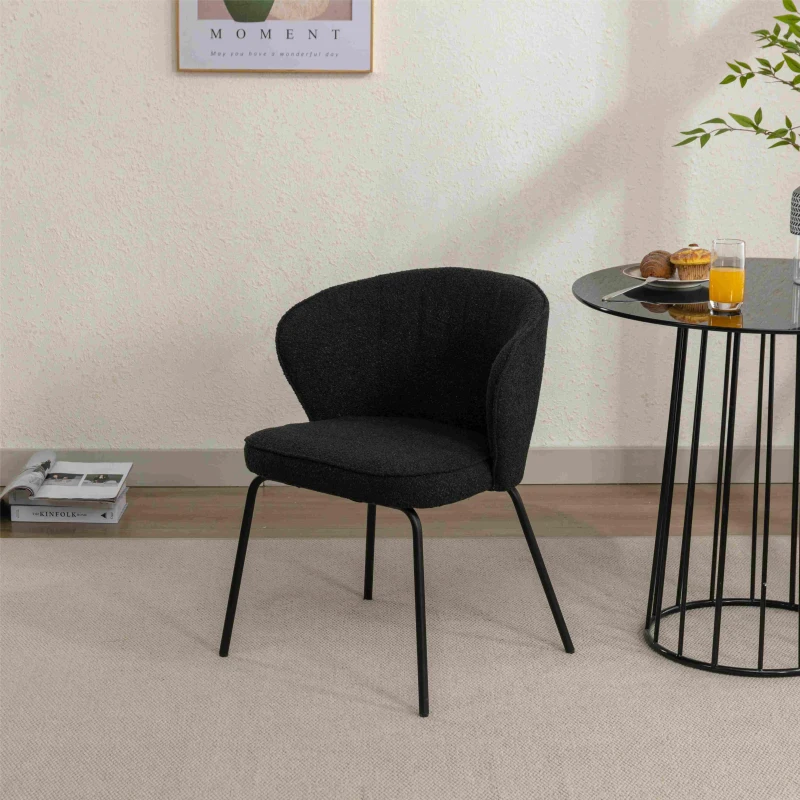 Fabric Boucle Chair with Black Powdercoated Metal Legs, Wingback Armchair for Dining Table, 62x63.5x75 cm, Black