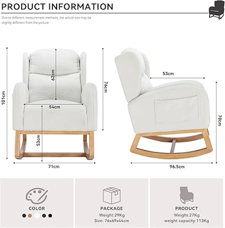Modern Teddy Fabric Upholstered Rocking Chair Set, Wingback Padded Seat for Living Room or Bedroom, 96.5x71x101 cm, White