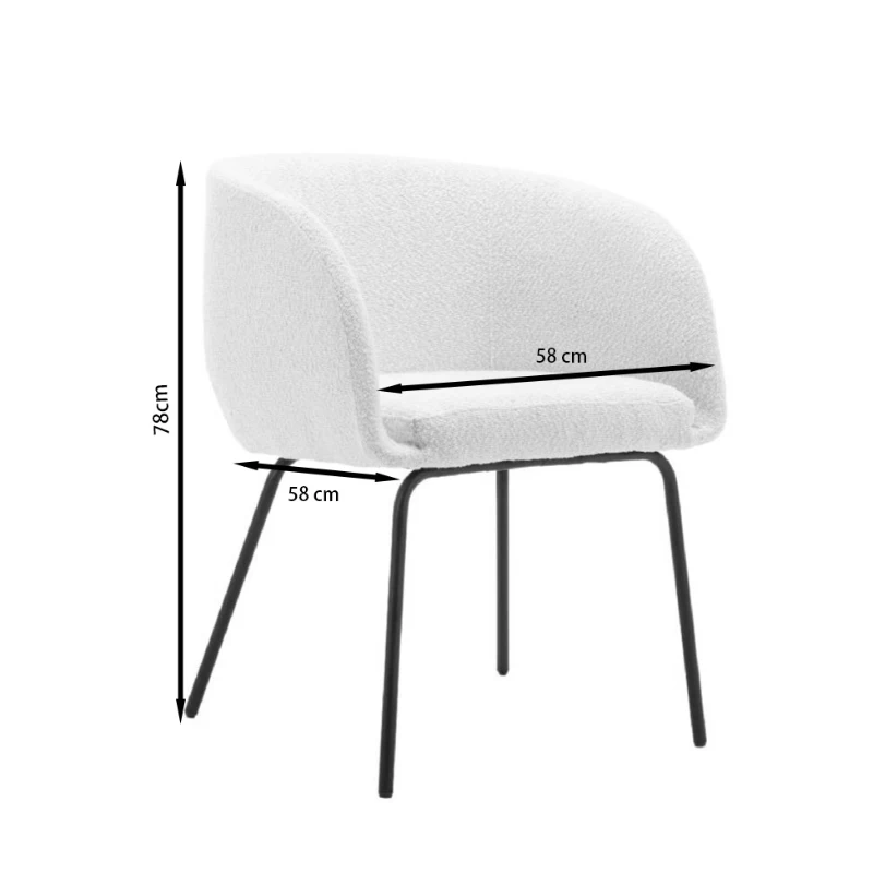 2 Pack Boucle Chair with Black Powder Coated Metal Legs, Wingback Design, Armchair for Dining Table, 58x58x78 cm, Black