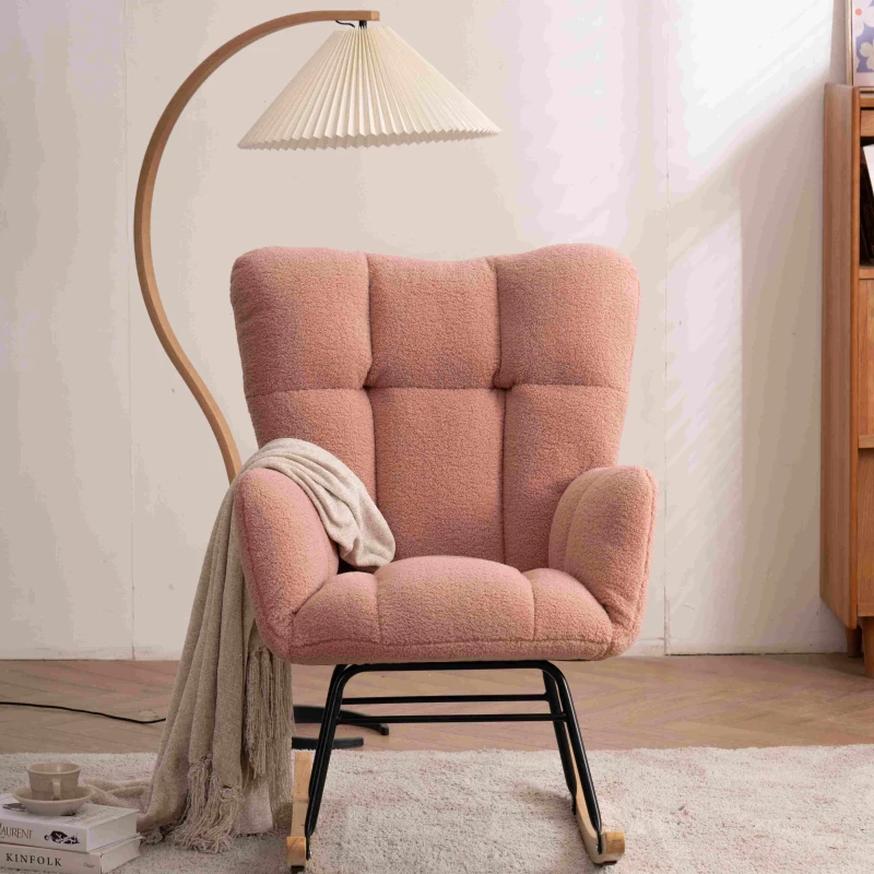 Teddy Fabric Modern Rocker with Padded Seat, Metal Base, Tufted Upholstered Comfy Chairs for Outdoor, 80x70x95 cm, Pink