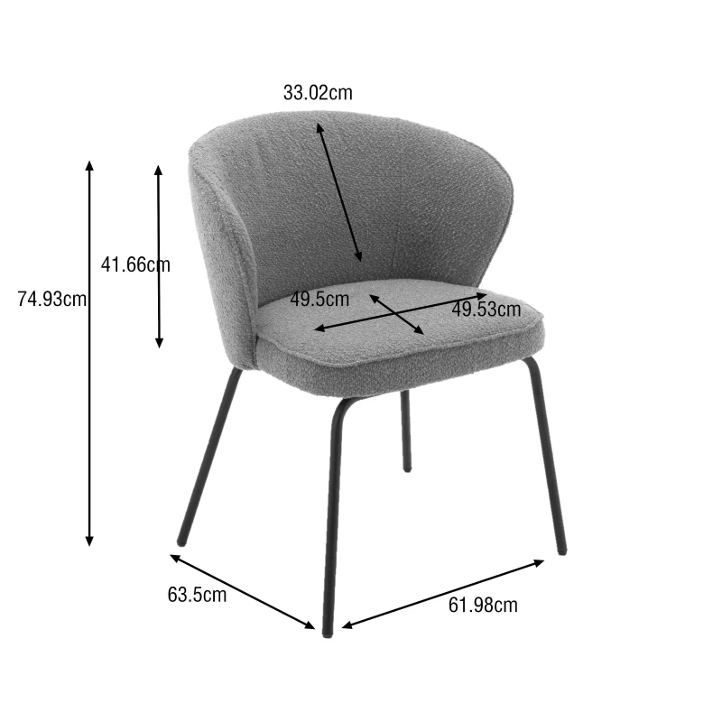 Fabric Boucle Chair with Black Powdercoated Metal Legs, Wingback Armchair for Dining Table, 62x63.5x75 cm, Black