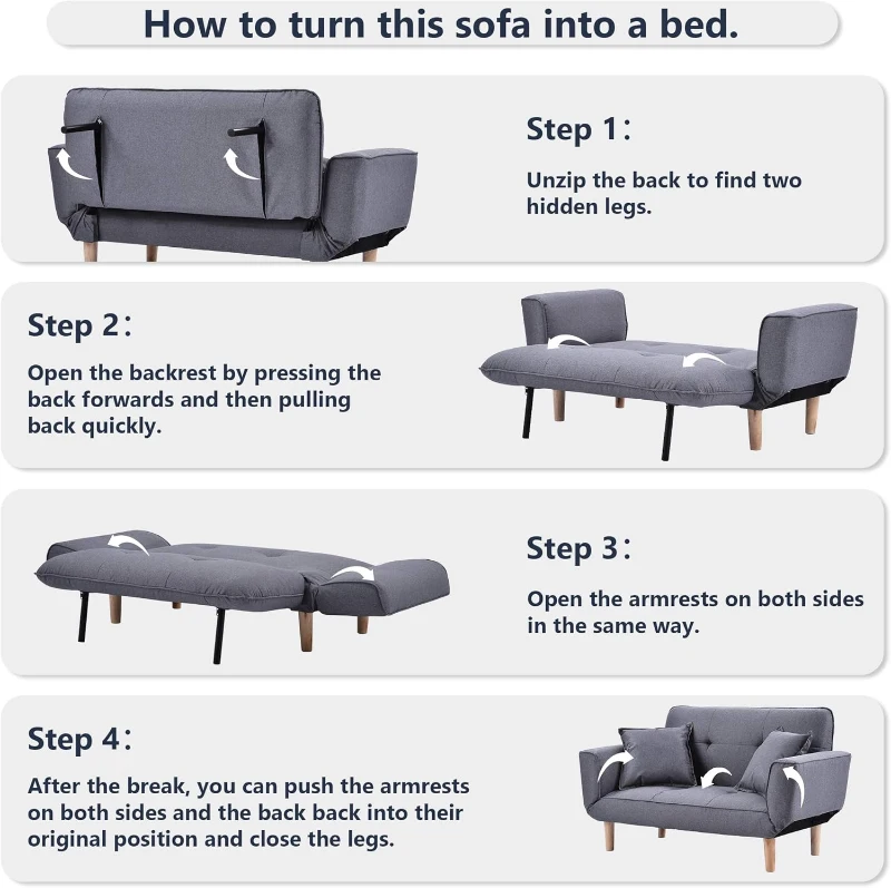 Expandable 2 Seater Bed Settee with 3 Adjustable Positions, Easy Assembly, Modern Fabric Loveseat for Flats, Dormitories, 125x61x70 cm, Grey