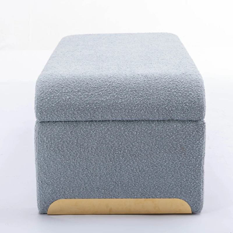 Boucle Fabric Ottoman Bench with Gold Metal Legs, 110x50x41 cm, Light Blue