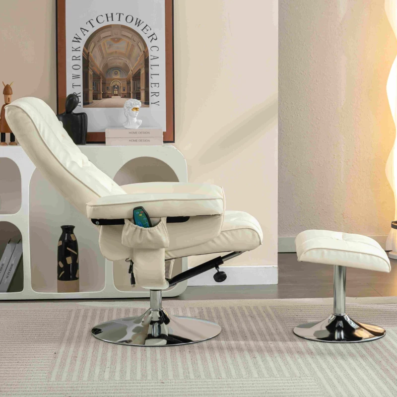 PU Leather Massage Chair with Ottoman Stool, Metal Frame, Ergonomic Design Backrest, Adjustable Swivel Base, 79x79x106 cm, Beige