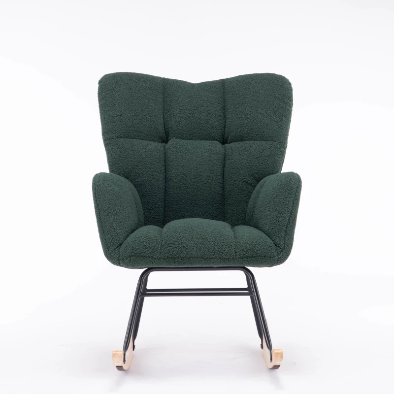 Teddy Fabric Modern Rocker with Padded Seat and Metal Base, Tufted Upholstered Comfy Chairs for Outdoor, 80x70x95 cm, Dark Green