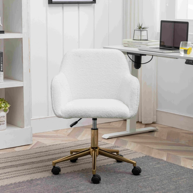 Adjustable Height Swivel Executive Office Chair with Gold Legs, Ergonomic Backrest, 58x58x86 cm, White Teddy