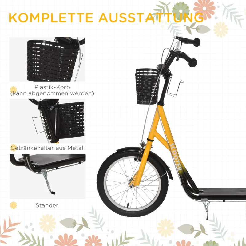 HOMCOM Kinder-Tretroller, höhenverstellbar, rutschfest, Stahlrahmen, abnehmbarer Korb, Bremsen, Gummireifen(m-6)