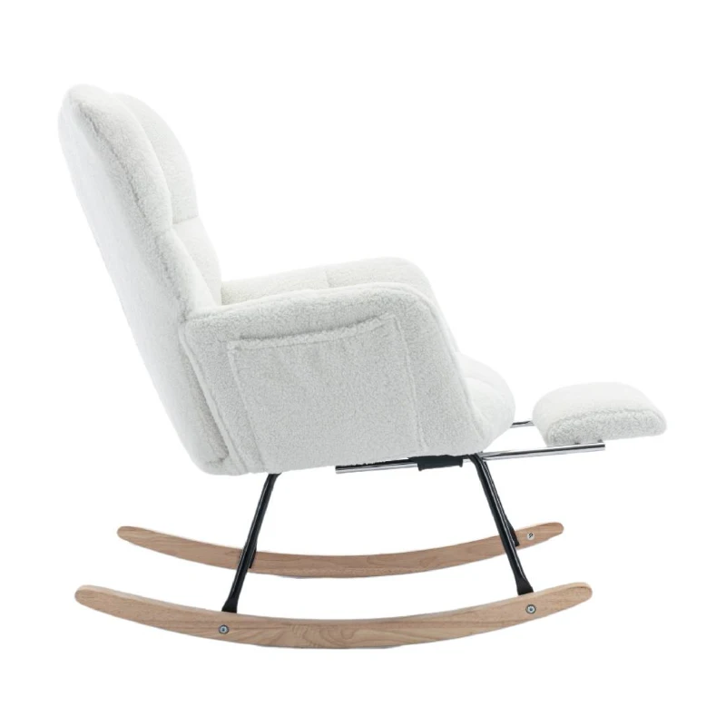 Teddy Fabric Upholstered Rocking Chair with Pull-out Footrest, Ergonomic Backrest, Modern rocker for Reading, Relaxing, 80x70x95 cm, White