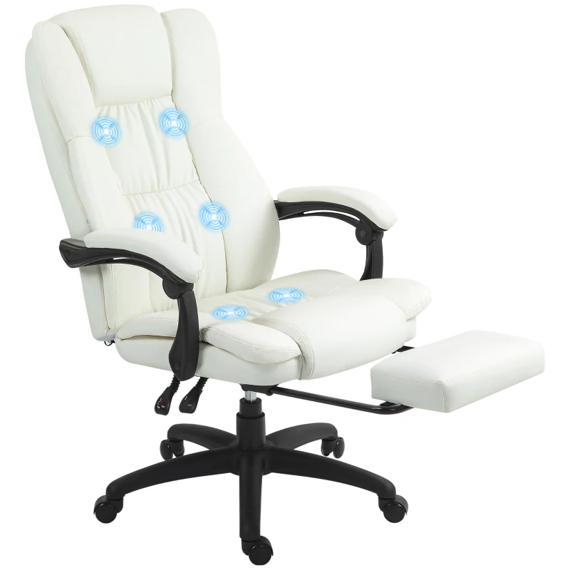 Vinsetto Ergonomische massagebureaustoel, 6 vibratiepunten, 5 standen, 135° kantelfunctie, Kunstleder, Crème