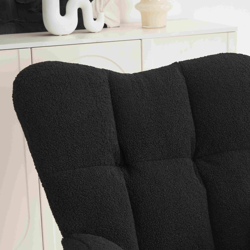 Teddy Fabric Upholstered Rocking Chair with Pull-out Footrest, Ergonomic Backrest, Modern Rocker for Reading, Relaxing, 80x70x95 cm, Black