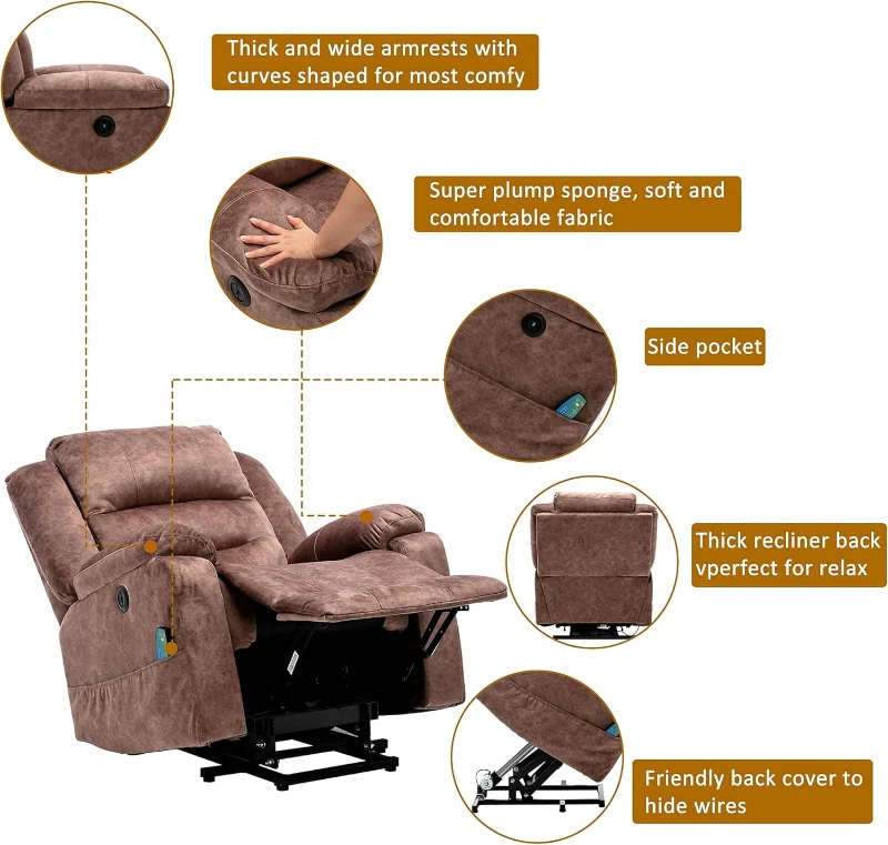 Electric Recliner Massage Chair with Heat, USB Ports, Side Pockets, Easy Assembly, for Home Living Room, 87x85x107 cm, Brown