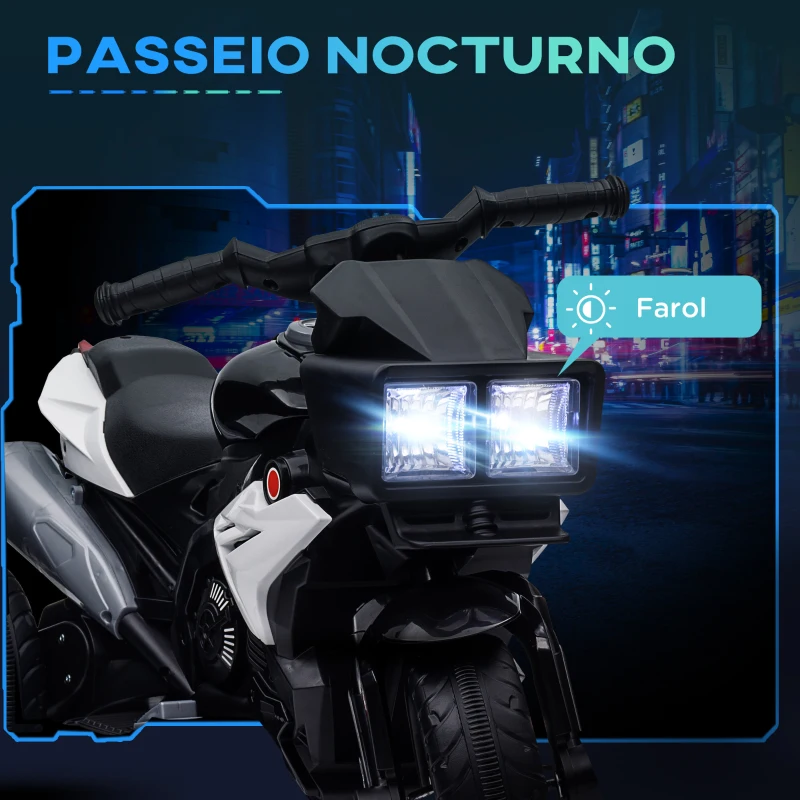 HOMCOM Motocicleta Elétrica Infantil com 3 Rodas para Crianças acima de 3 anos Bateria 6V com Luzes e Música 86x42x52 cm Branco