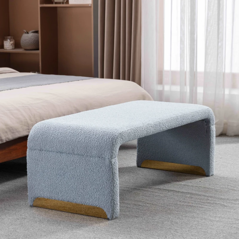 Boucle Fabric Ottoman Bench with Gold Metal Legs, 110x50x41 cm, Light Blue