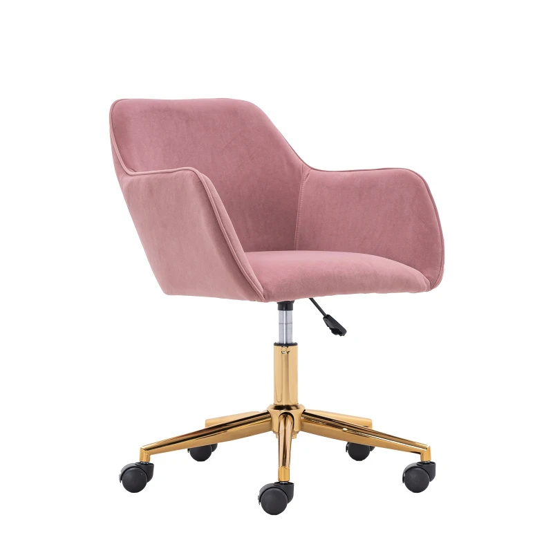 Velvet Adjustable Height Swivel Executive Office Chair with Gold Legs and Ergonomic Backrest, 58x58x86 cm, Pink