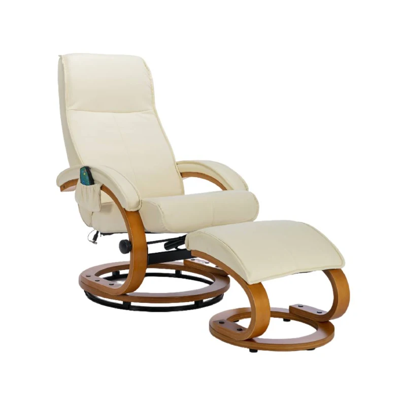 PU Leather Electric Recliner Armchair with 5 Point Massage, Ottoman Footstool, Bentwood Base, 85x67x103 cm, Beige