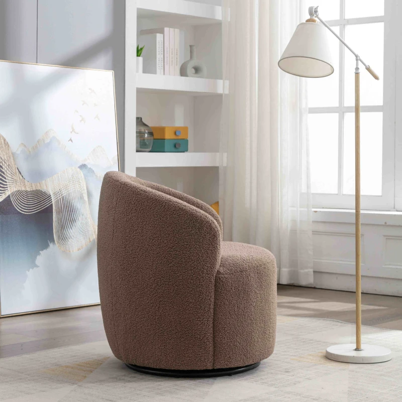 Teddy Fabric 360° Swivel Armchair with Ergonomic Design, Metal Base, Sofa Chair for Bedroom, Living Room, 64x64x71 cm, Coffee