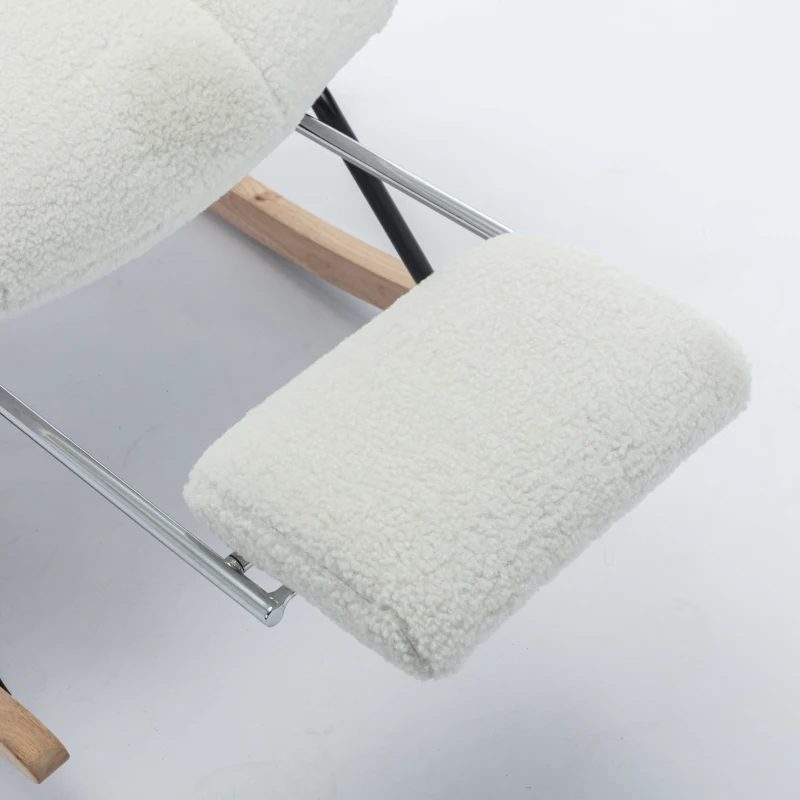 Teddy Fabric Upholstered Rocking Chair with Pull-out Footrest, Ergonomic Backrest, Modern rocker for Reading, Relaxing, 80x70x95 cm, White