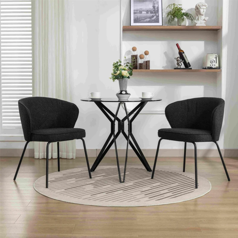 Fabric Boucle Chair with Black Powdercoated Metal Legs, Wingback Armchair for Dining Table, 62x63.5x75 cm, Black